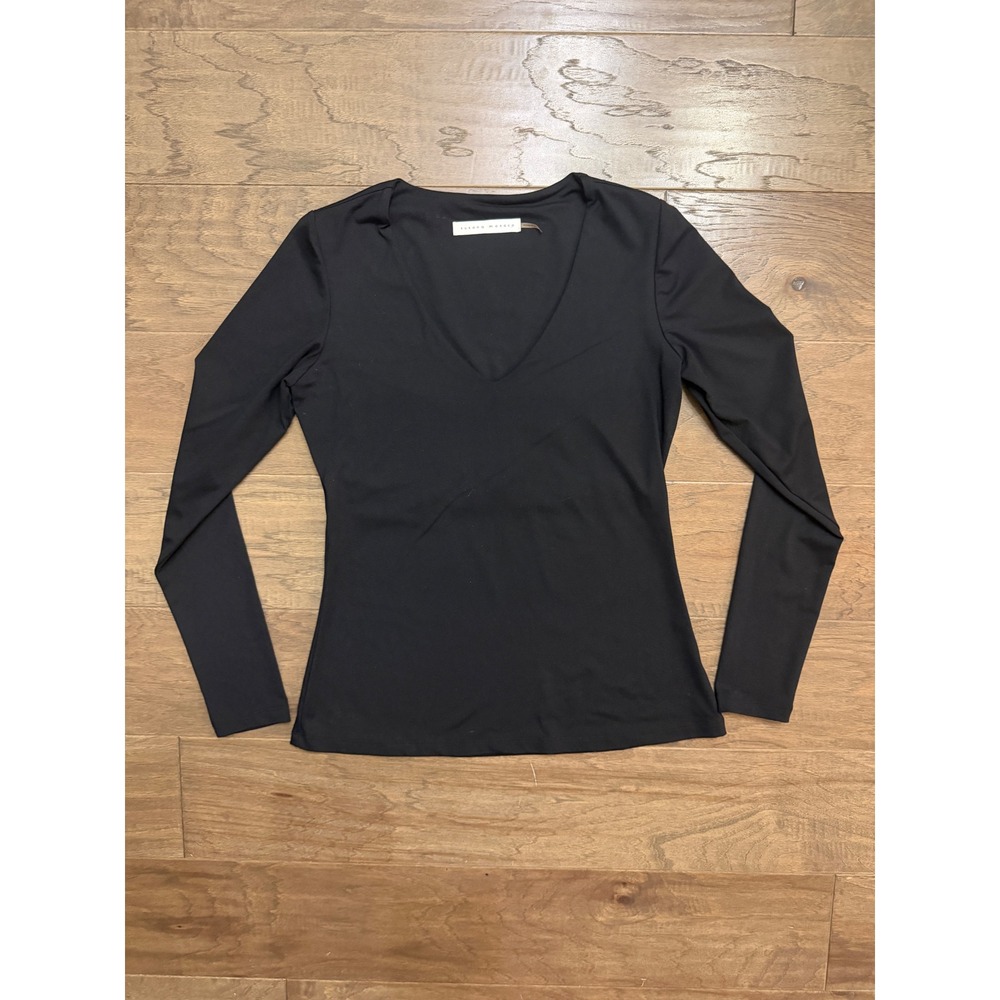 Susana Monaco Top Womens XL Black Nylon Spandex Solid Slim V-Neck Vista Basic